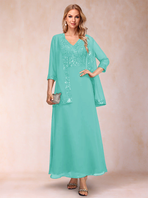 A-Line/Princess V-Neck 3/4 Sleeves 2 Pieces Mother of the Bride Dress with Sequins & Jacket