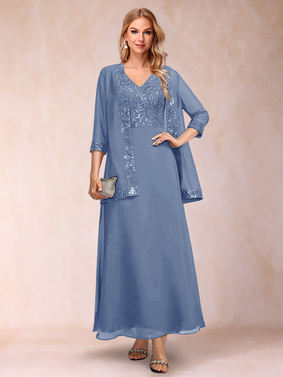 A-Line/Princess V-Neck 3/4 Sleeves 2 Pieces Mother of the Bride Dress with Sequins &amp; Jacket
