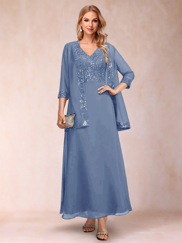 A-Line/Princess V-Neck 3/4 Sleeves 2 Pieces Mother of the Bride Dress with Sequins & Jacket