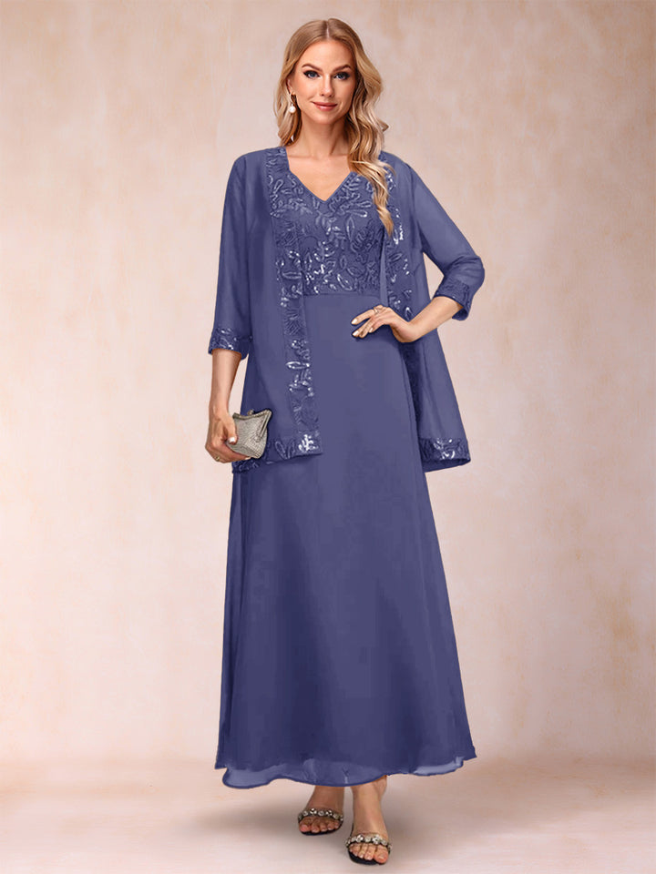 A-Line/Princess V-Neck 3/4 Sleeves 2 Pieces Mother of the Bride Dress with Sequins &amp; Jacket