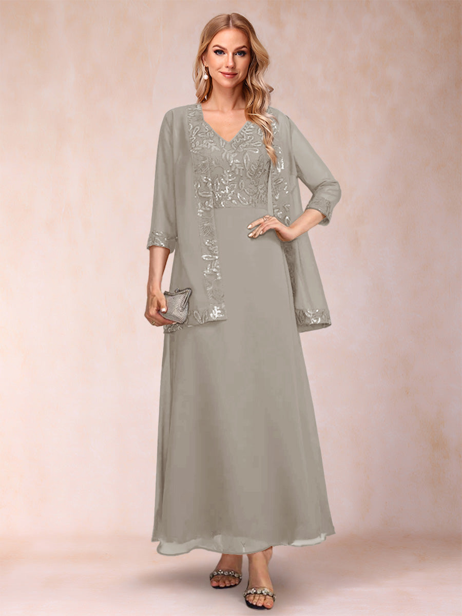 A-Line/Princess V-Neck 3/4 Sleeves 2 Pieces Mother of the Bride Dress with Sequins &amp; Jacket