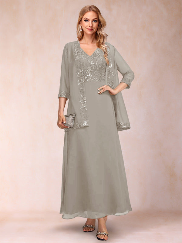 A-Line/Princess V-Neck 3/4 Sleeves 2 Pieces Mother of the Bride Dress with Sequins & Jacket