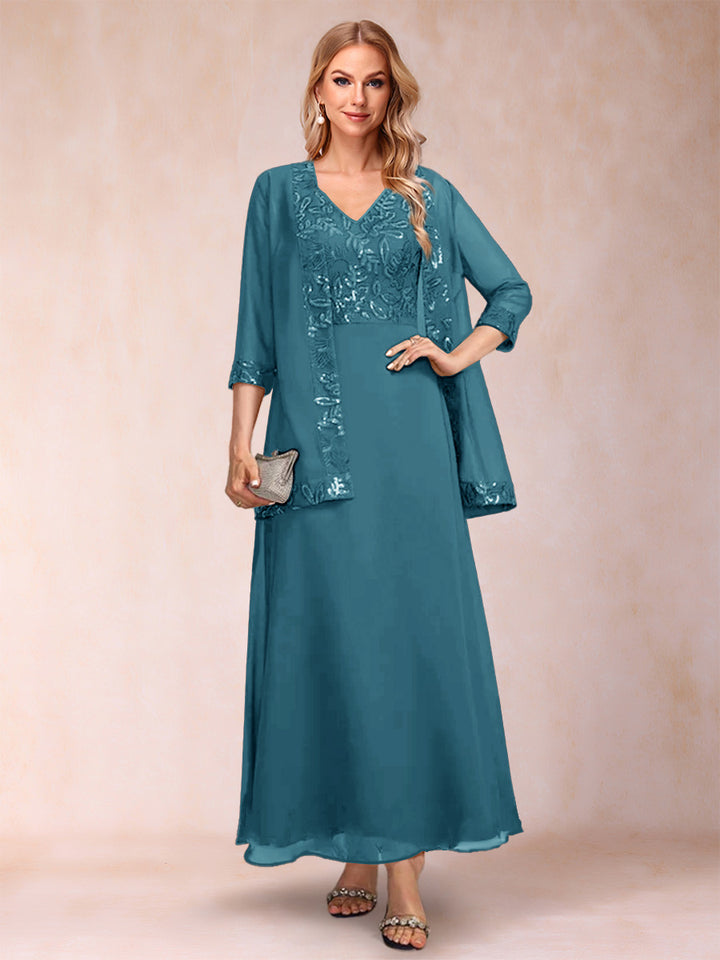 A-Line/Princess V-Neck 3/4 Sleeves 2 Pieces Mother of the Bride Dress with Sequins &amp; Jacket