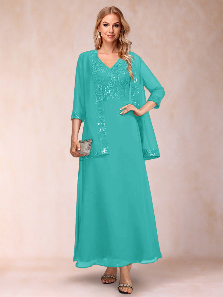 A-Line/Princess V-Neck 3/4 Sleeves 2 Pieces Mother of the Bride Dress with Sequins &amp; Jacket