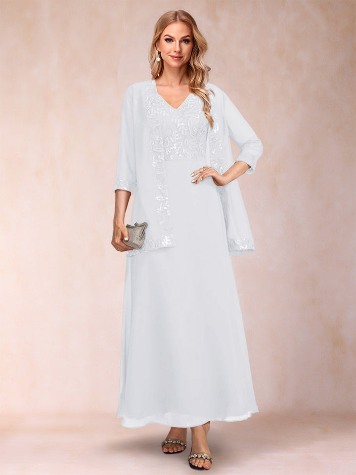 A-Line/Princess V-Neck 3/4 Sleeves 2 Pieces Mother of the Bride Dress with Sequins &amp; Jacket