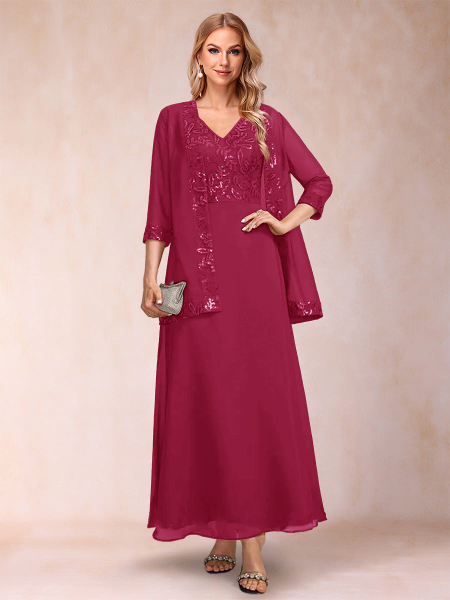 A-Line/Princess V-Neck 3/4 Sleeves 2 Pieces Mother of the Bride Dress with Sequins &amp; Jacket
