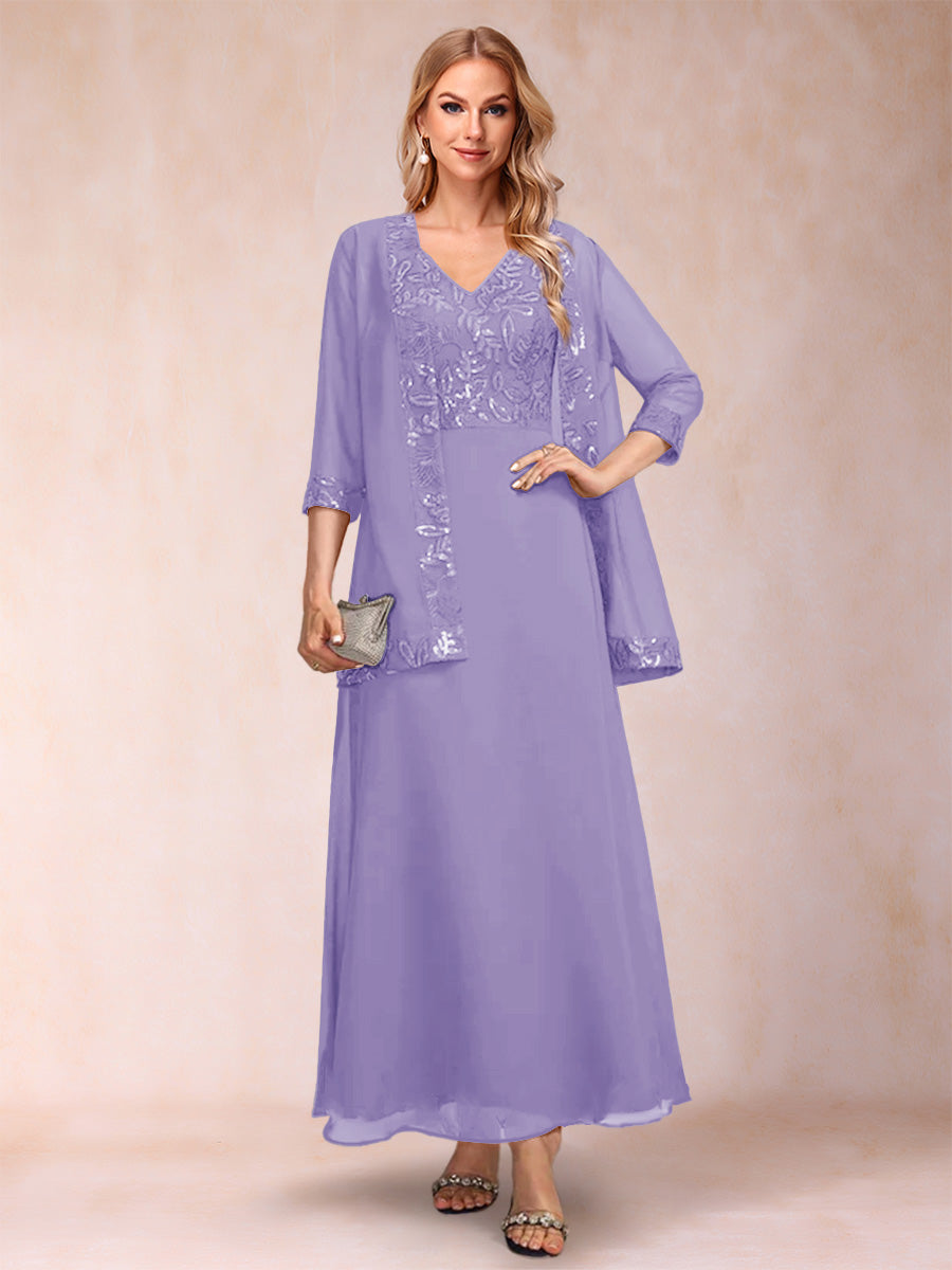 A-Line/Princess V-Neck 3/4 Sleeves 2 Pieces Mother of the Bride Dress with Sequins &amp; Jacket