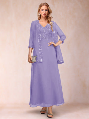A-Line/Princess V-Neck 3/4 Sleeves 2 Pieces Mother of the Bride Dress with Sequins & Jacket