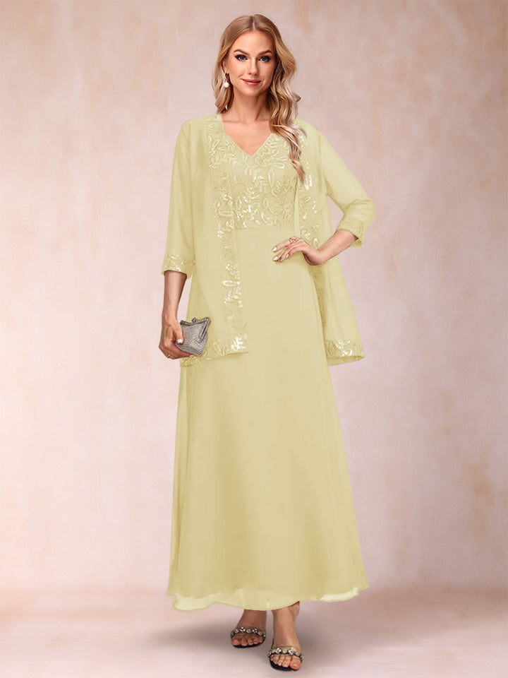 A-Line/Princess V-Neck 3/4 Sleeves 2 Pieces Mother of the Bride Dress with Sequins &amp; Jacket