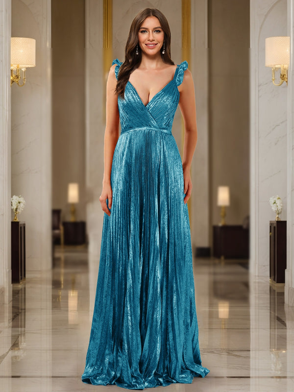 A-Line/Princess Plunging V-Neck Sleeveless Prom Dresses with Ruched