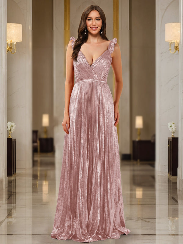 A-Line/Princess Plunging V-Neck Sleeveless Prom Dresses with Ruched