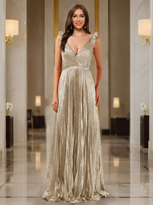 A-Line/Princess Plunging V-Neck Sleeveless Prom Dresses with Ruched