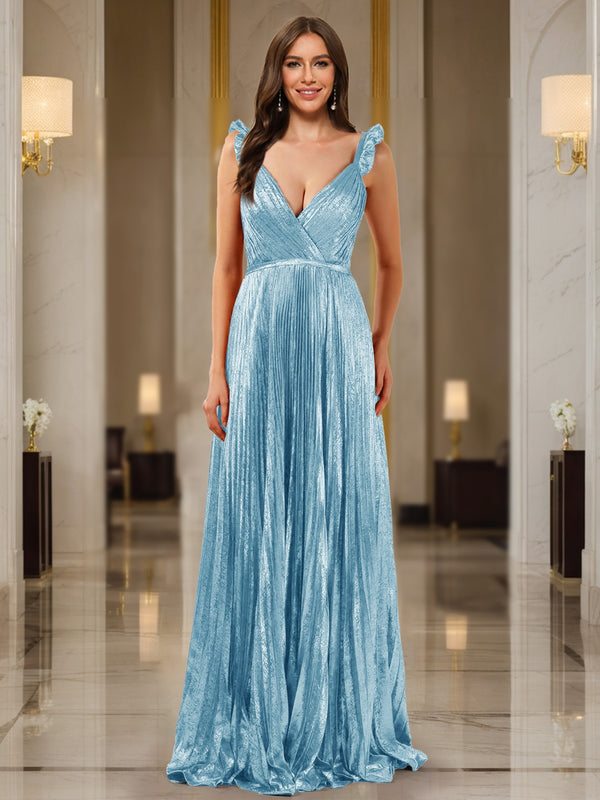 A-Line/Princess Plunging V-Neck Sleeveless Prom Dresses with Ruched