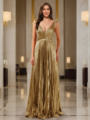 A-Line/Princess Plunging V-Neck Sleeveless Prom Dresses with Ruched