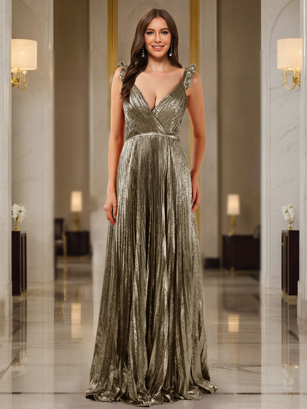 A-Line/Princess Plunging V-Neck Sleeveless Prom Dresses with Ruched