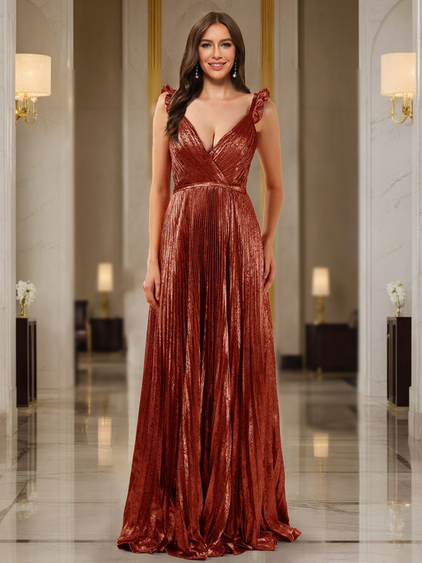 A-Line/Princess Plunging V-Neck Sleeveless Prom Dresses with Ruched