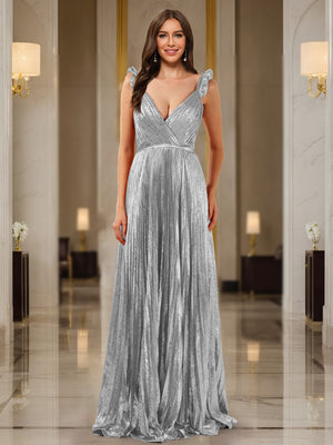 A-Line/Princess Plunging V-Neck Sleeveless Prom Dresses with Ruched