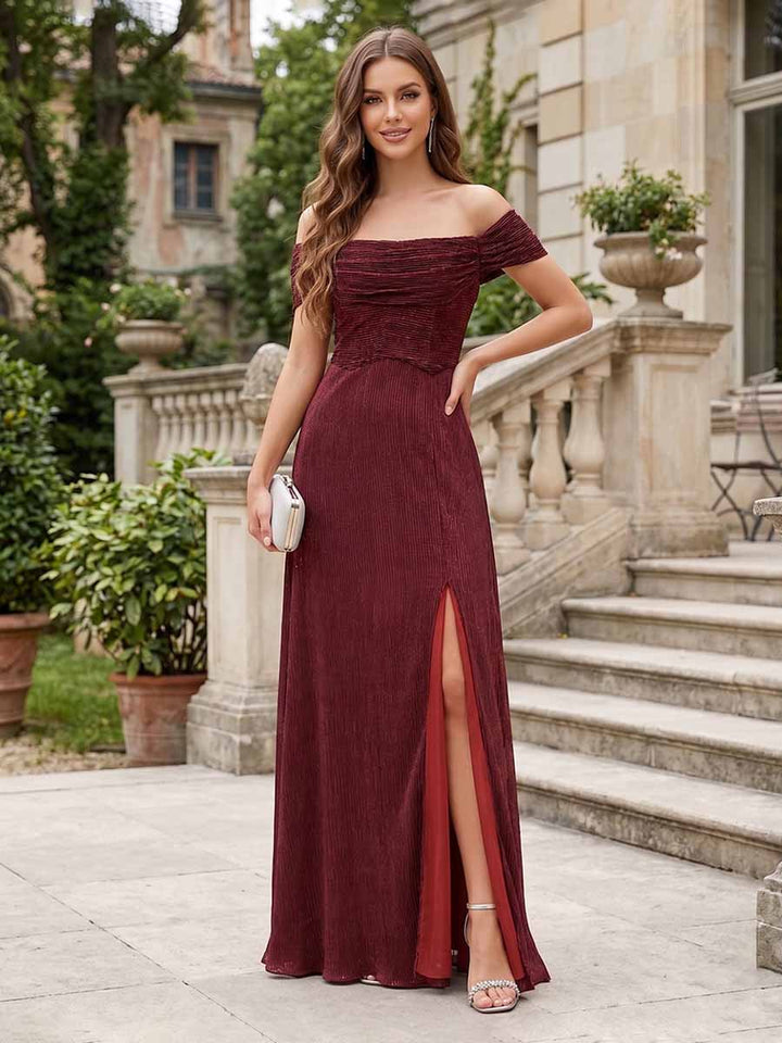Sheath/Column Off-the-Shoulder Short Sleeves Prom Dresses with Split Side