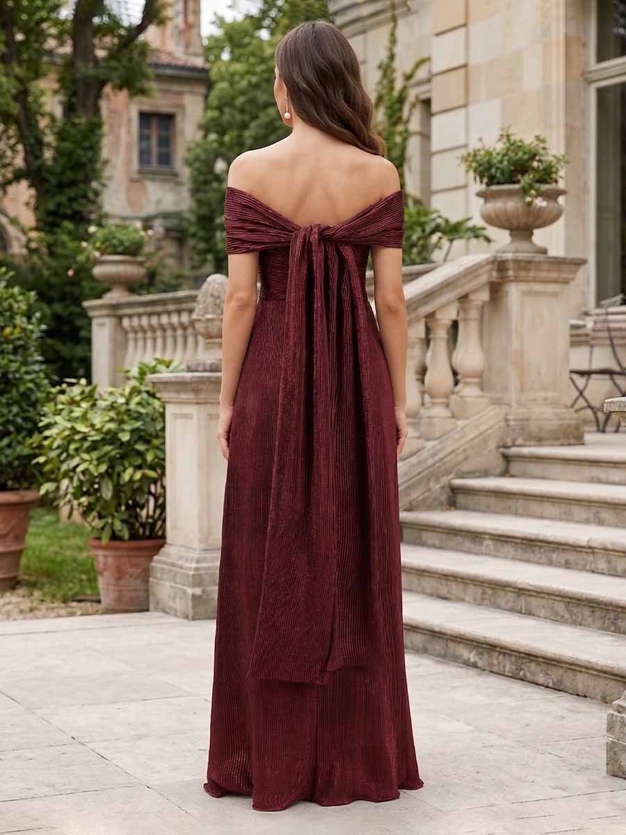 Sheath/Column Off-the-Shoulder Short Sleeves Prom Dresses with Split Side