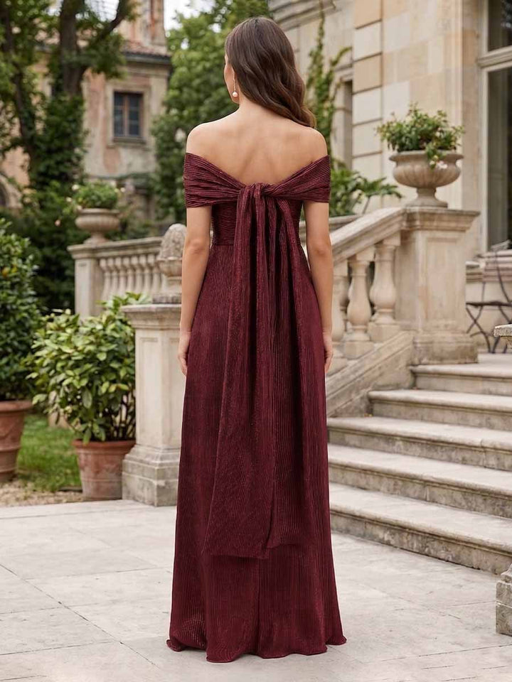 Sheath/Column Off-the-Shoulder Short Sleeves Prom Dresses with Split Side