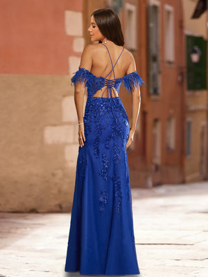 Sheath/Column Cold Shoulder Short Sleeves Prom Dresses with Applique