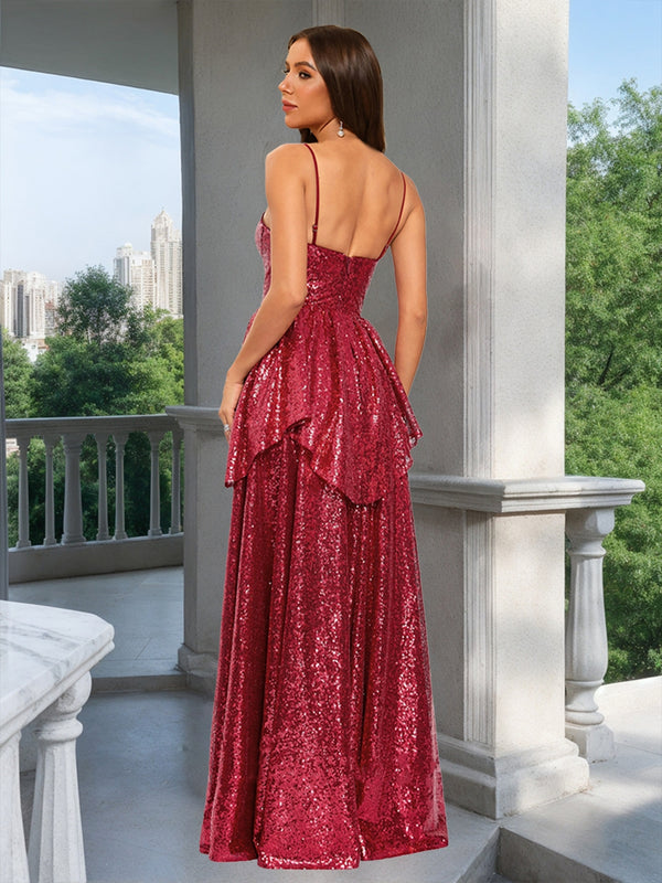 A-Line/Princess Spaghetti Straps Sleeveless Prom Dresses with Split Side