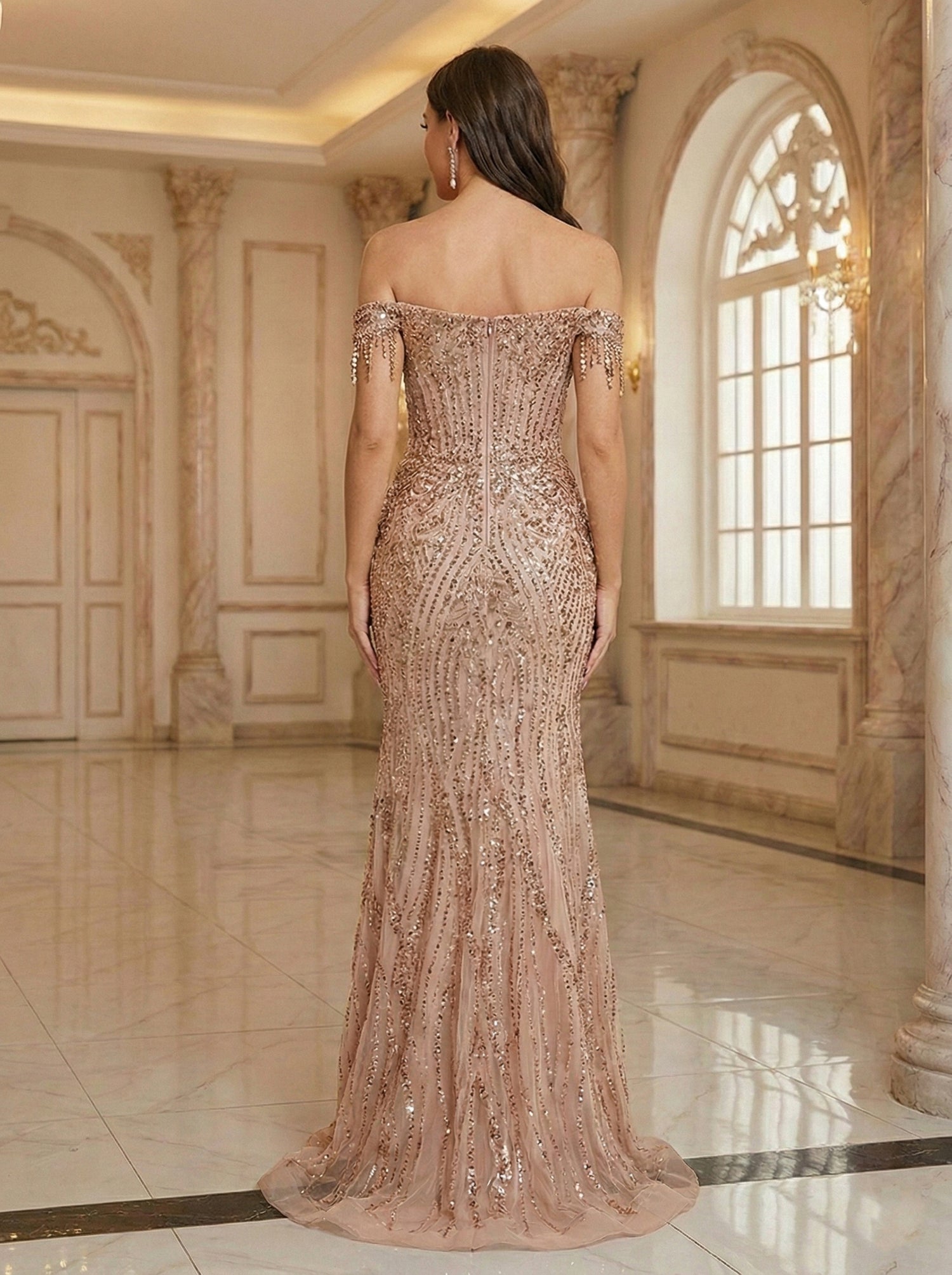 Trumpet/Mermaid Off the Shoulder Short Sleeves Prom Dresses with Sequins