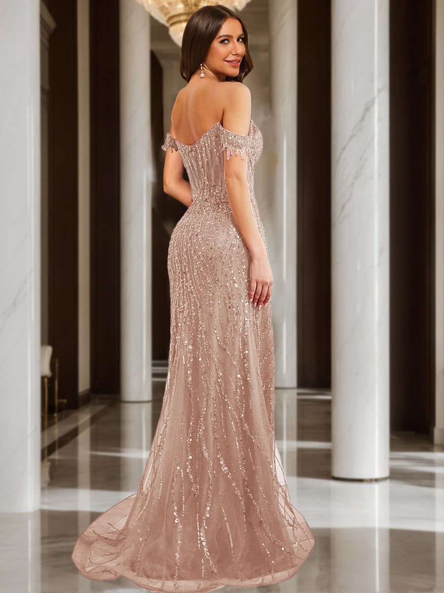 Trumpet/Mermaid Off the Shoulder Short Sleeves Prom Dresses with Sequins