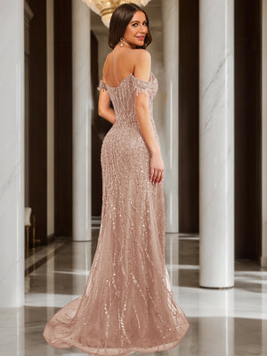 Trumpet/Mermaid Off the Shoulder Short Sleeves Prom Dresses with Sequins