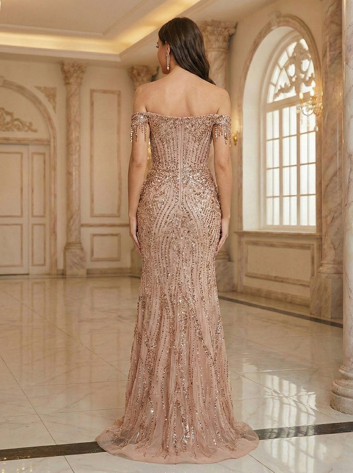 Trumpet/Mermaid Off the Shoulder Short Sleeves Prom Dresses with Sequins