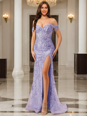 Trumpet/Mermaid Off the Shoulder Short Sleeves Prom Dresses with Sequins