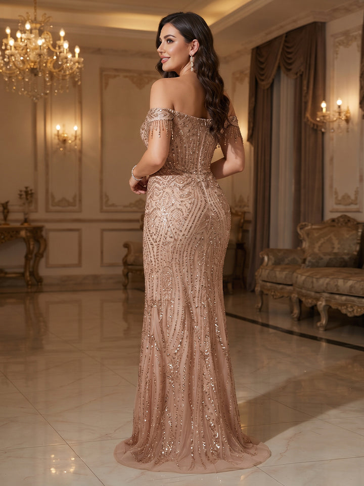 Trumpet/Mermaid Off the Shoulder Short Sleeves Plus Size Evening Dresses with Sequins