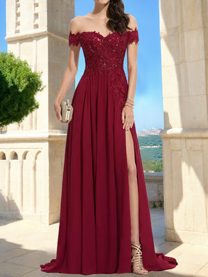 A-Line/Princess Off-the-Shoulder Short Sleeves Prom Dresses with Applique