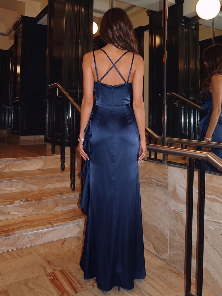 Sheath/Column Scoop Sleeveless Evening Dresses With Ruffles &amp; Split Side