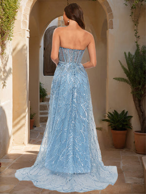 Sheath/Column Strapless Sleeveless Applique Prom Dresses