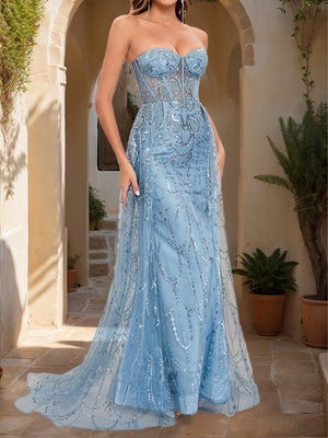 Sheath/Column Strapless Sleeveless Applique Prom Dresses