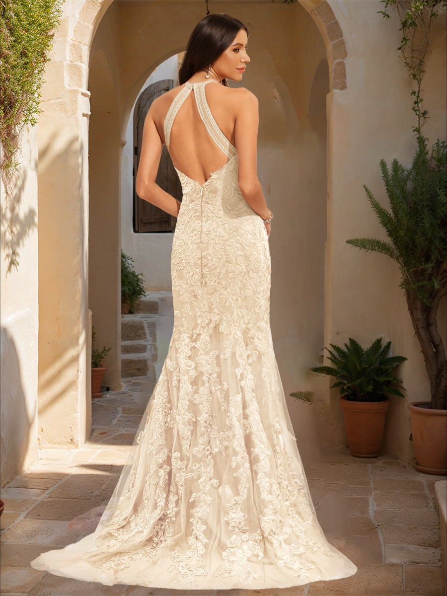 Trumpet/Mermaid Halter Sleeveless Applique Prom Dresses