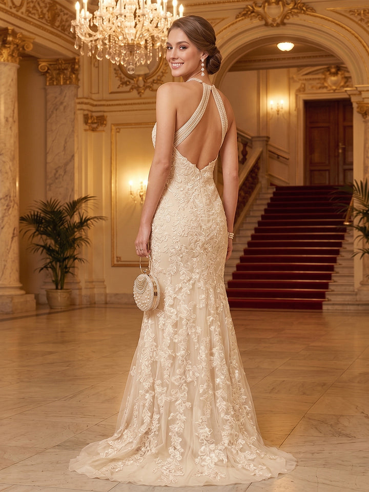 Trumpet/Mermaid Halter Sleeveless Applique Prom Dresses