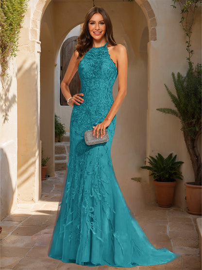 Trumpet/Mermaid Halter Sleeveless Applique Prom Dresses