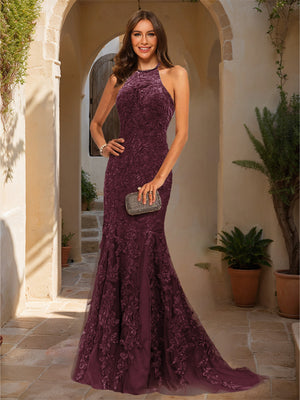 Trumpet/Mermaid Halter Sleeveless Applique Prom Dresses
