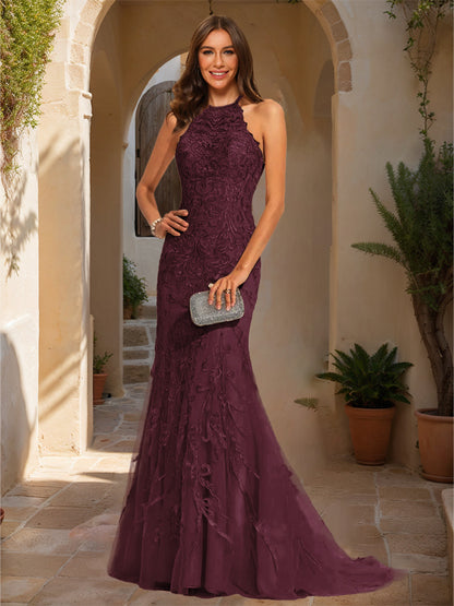 Trumpet/Mermaid Halter Sleeveless Applique Prom Dresses