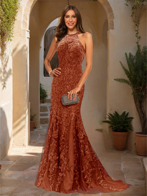 Trumpet/Mermaid Halter Sleeveless Applique Prom Dresses