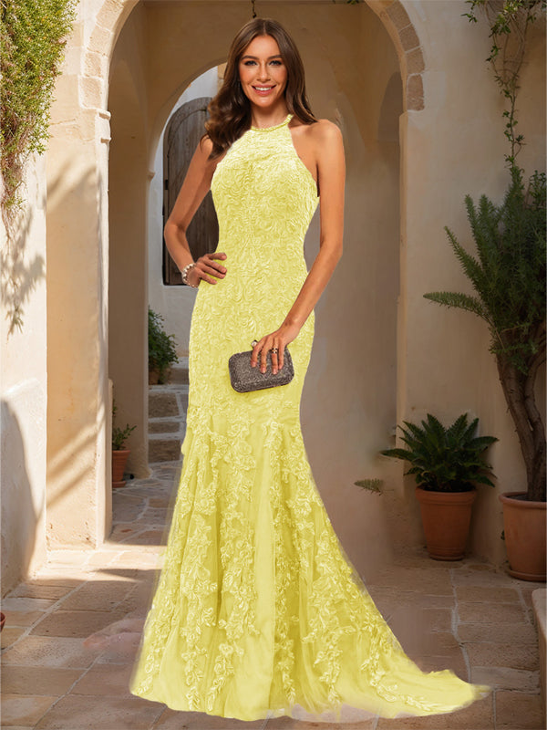 Trumpet/Mermaid Halter Sleeveless Applique Prom Dresses