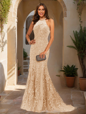 Trumpet/Mermaid Halter Sleeveless Applique Prom Dresses