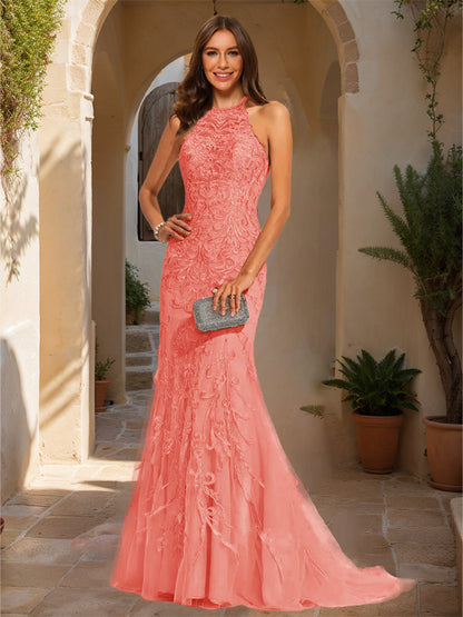 Trumpet/Mermaid Halter Sleeveless Applique Prom Dresses