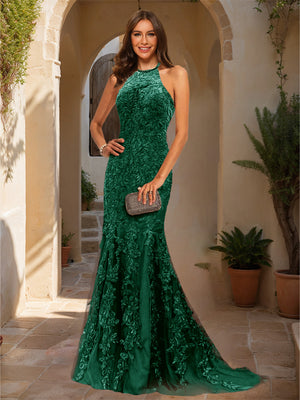 Trumpet/Mermaid Halter Sleeveless Applique Prom Dresses