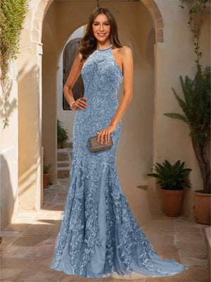 Trumpet/Mermaid Halter Sleeveless Applique Prom Dresses