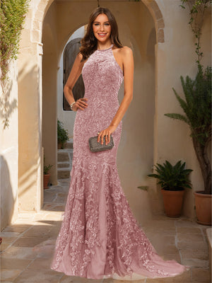 Trumpet/Mermaid Halter Sleeveless Applique Prom Dresses