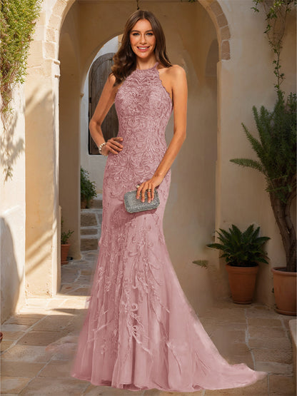 Trumpet/Mermaid Halter Sleeveless Applique Prom Dresses