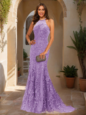 Trumpet/Mermaid Halter Sleeveless Applique Prom Dresses